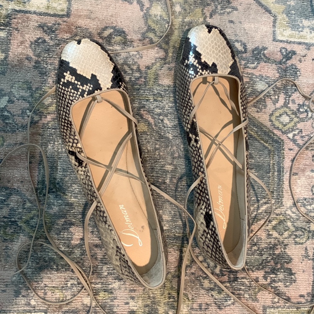 Delman snakeskin lace up ballet square toe flat